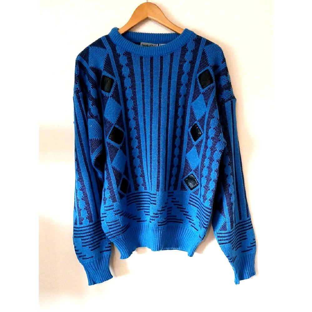 Vintage Jonathan Chase Blue Sweater With Leather Patches